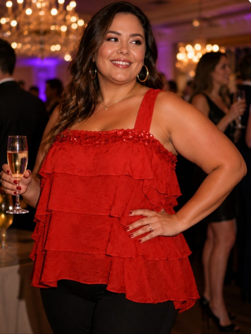 Lane Bryant Red Tiered Ruffle Sequin Trim Tank